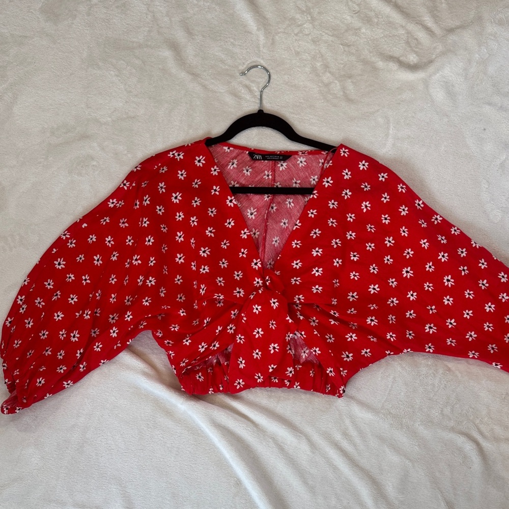 Zara Red and White Floral Blouse